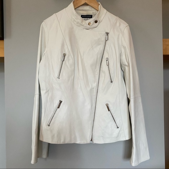 Boston Proper Jackets & Blazers - Boston Proper White Genuine Leather Moto Jacket with zipper pockets